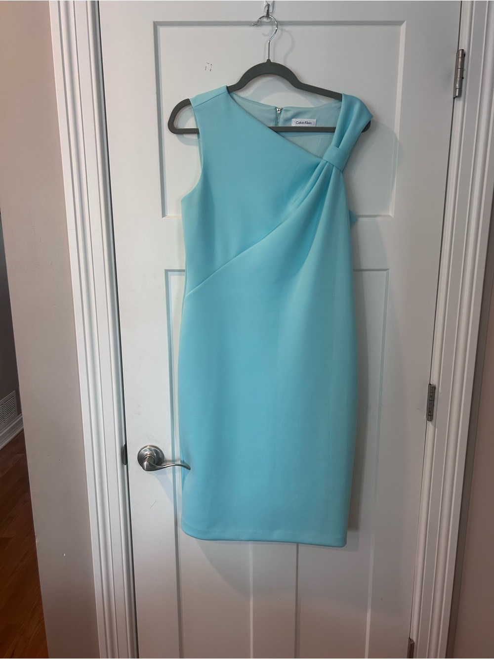 Calvin Klein One-Shoulder Aqua Sheath Dress